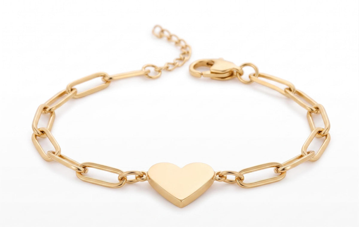 Heart Paperclip Bracelet – 18K Gold, Engravable, Dainty