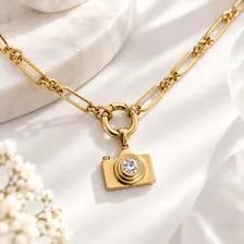 Gold Camera Charm, CZ Photography Pendant, Stainless Steel Jewelry Supply, Photographer Gift