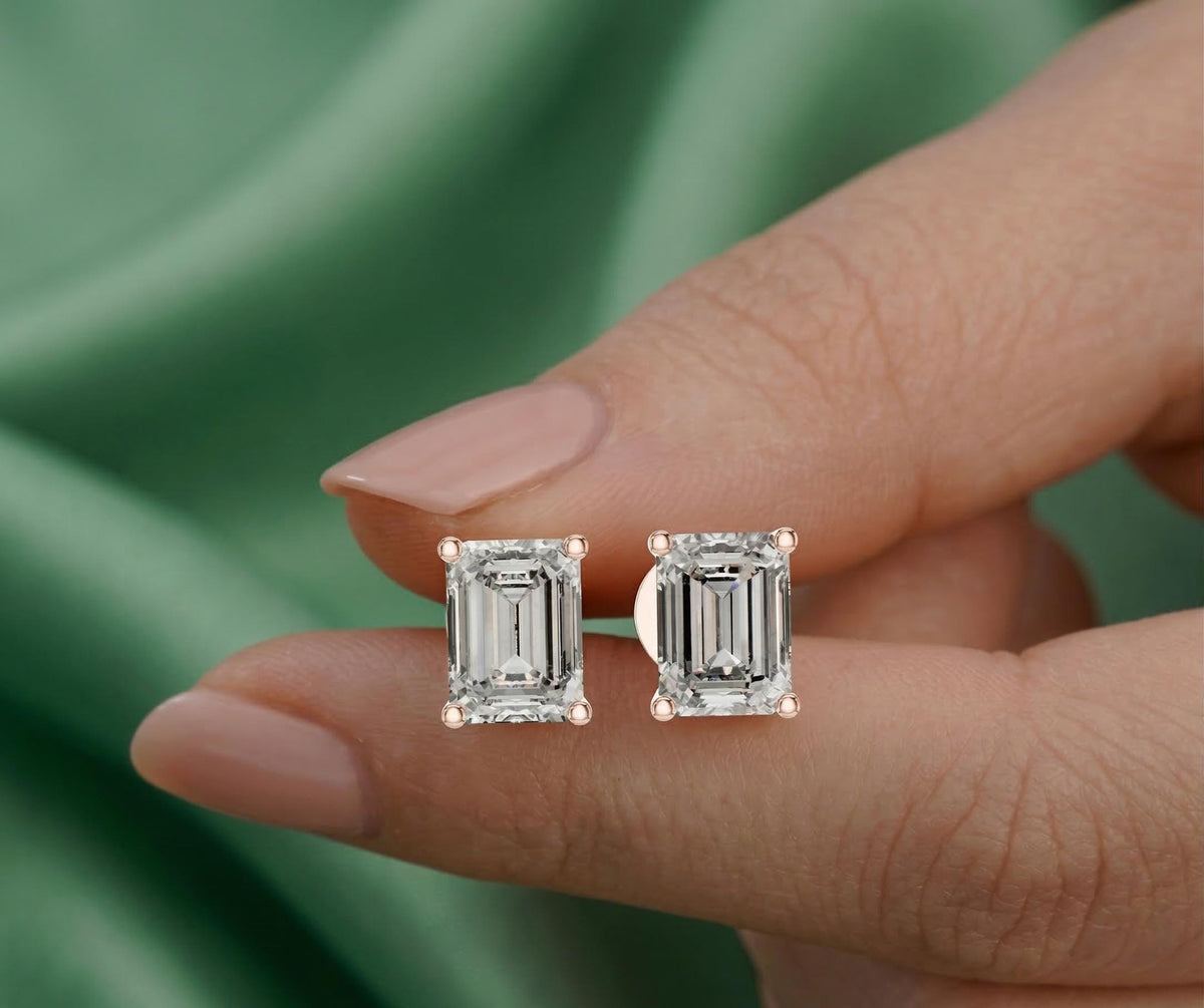 Emerald Cut Lab Diamond Stud Earrings – Solid Gold, IGI Certified